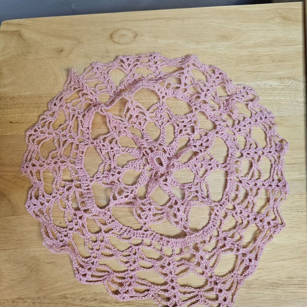 Pink Crochet Doily 12 Inch Round Lace Table Topper Vintage Style Shabby Chic